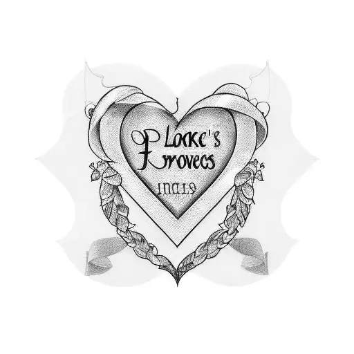 A blackwork tattoo depicting your three kids' names in a heart-shaped wreath tattoo design idea