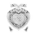 A blackwork tattoo depicting your three kids' names in a heart-shaped wreath tattoo design idea