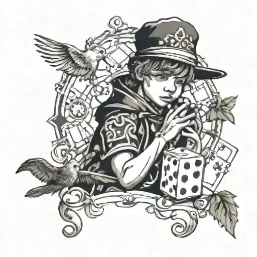 A gambling themed tattoo with a child holding a bird in a blackwork style tattoo design idea