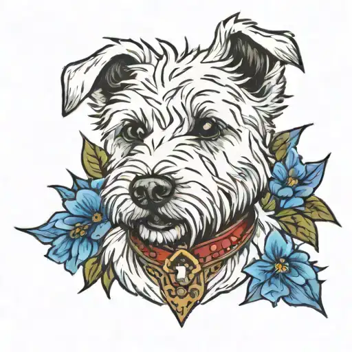 westie with collar popcorn larkspur framed  tattoo design idea