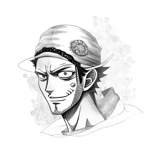 A detailed portrait of Zoro with the One Piece hat, holding a glassblowing pipe and surrounded by intricate glass sculptures tattoo design idea