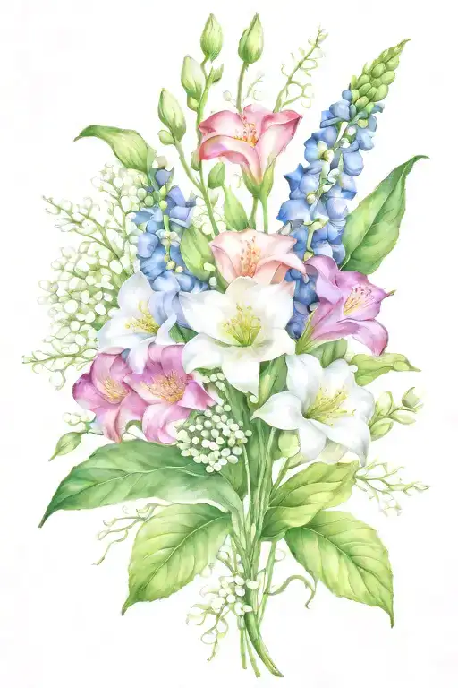 Cosmo, Poppy, Lily of the valley, Honeysuckle, Morning Glory  tattoo design idea