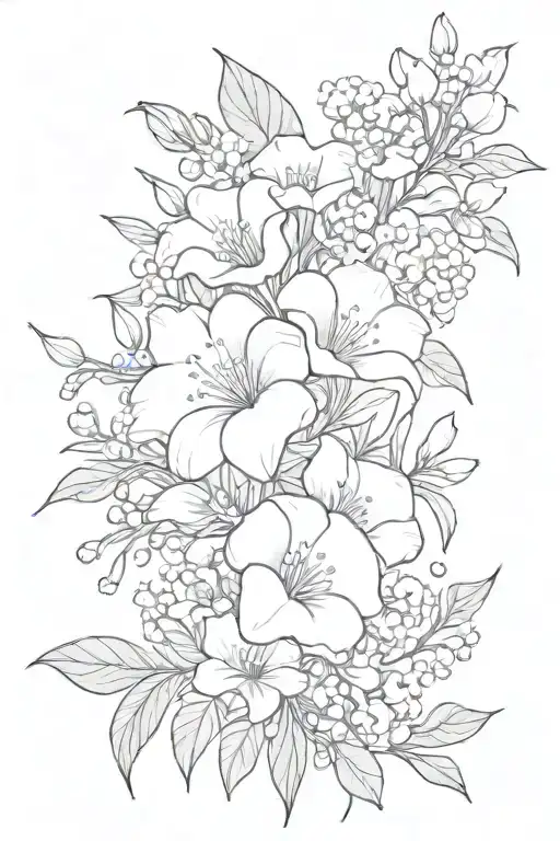 Cosmo, Poppy, Lily of the valley, Honeysuckle, Morning Glory, Bouquet of flowers tattoo tattoo design idea