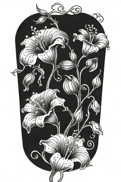 Cosmo flower, Poppy flower, Lily of the valley flower, Honeysuckle flower, Morning Glory flower in a bouquet of flowers tattoo design idea