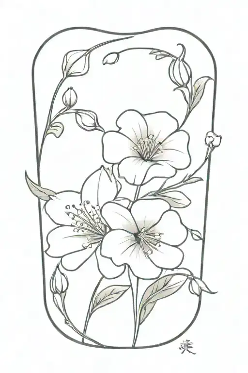 Cosmo flower, Poppy flower, Lily of the valley flower, Honeysuckle flower, Morning Glory flower in a bouquet of flowers tattoo design idea