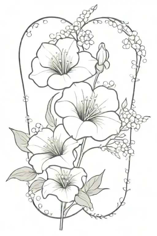 Cosmo flower, Poppy flower, Lily of the valley flower, Honeysuckle flower, Morning Glory flower in a bouquet with a st   tattoo design idea