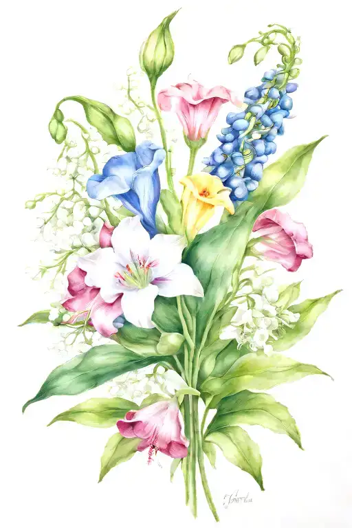 Cosmo, Poppy, Lily of the valley, Honeysuckle, Morning Glory  tattoo design idea