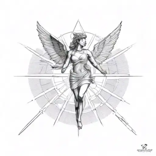 A  tattoo depicting Greek goddess Nike in a victorious pose with a hummingbird flying around her tattoo design idea
