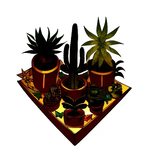 Gold triangle with a cactus,a sativa and an aloe flower in the midle tattoo design idea