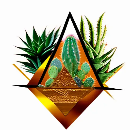 Gold triangle with a cactus,a sativa and an aloe flower in the midle tattoo design idea