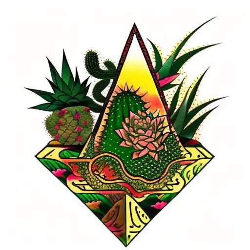 Gold triangle with a cactus,a sativa and an aloe flower in the midle tattoo design idea