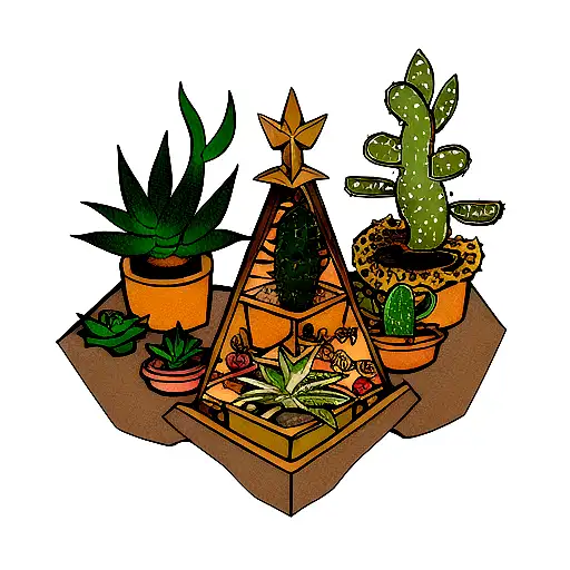 Gold triangle with a cactus,a sativa and an aloe flower in the midle tattoo design idea