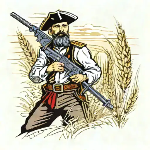 A traditional Cossack with a pistol in hand standing in a wheat field tattoo design idea