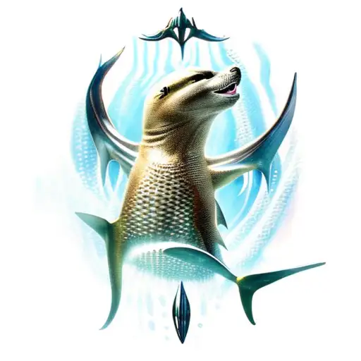 loutre en tenue de Aquaman plongeant dans l'eau avec son trident tattoo design idea