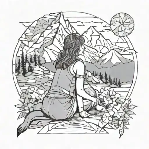 mountain scene with the silloute of a girl with her arm around a dog seated looked out over the mountain scene tattoo design idea