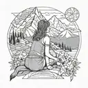 mountain scene with the silloute of a girl with her arm around a dog seated looked out over the mountain scene tattoo design idea
