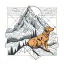 mountain scene with the silloute of a girl with her arm around a dog seated looked out over the mountain scene tattoo design idea