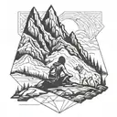 mountain scene with the silloute of a girl with her arm around a dog seated looked out over the mountain scene tattoo design idea