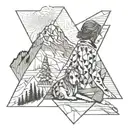 mountain scene with the silloute of a girl with her arm around a dog seated looked out over the mountain scene tattoo design idea