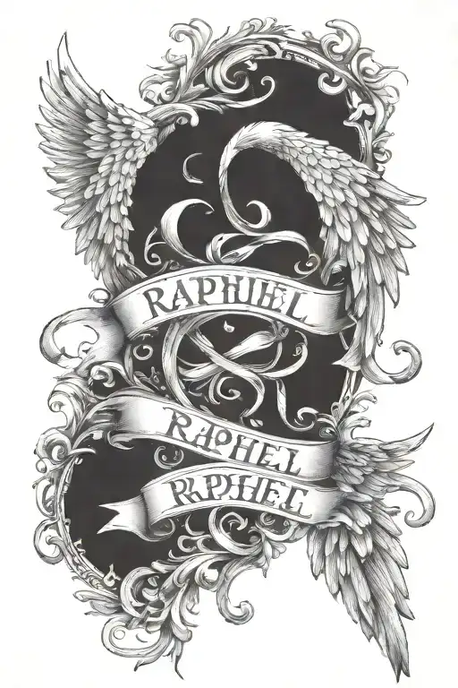 The name Raphael with Angel wings on each side of the name tattoo design idea