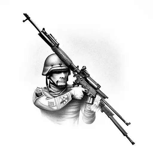 A soldier in combat gear aiming a rifle tattoo design idea