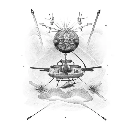 A helicopter flying over a battlefield tattoo design idea