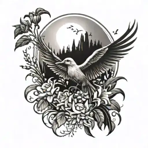 Phoenix and a nightingale flying in front of a sun with a forest in the background with lilies of the valley and violets tattoo design idea
