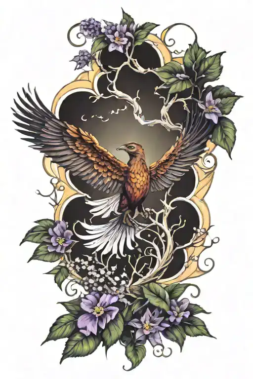a Phoenix and a sun over a forest with a nightingale singing on a branch above violets and lilies of the valley  tattoo design idea