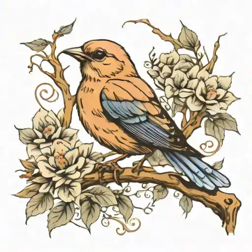 nightingale on a branch singing musical notes  tattoo design idea