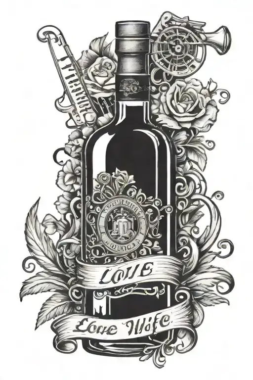 A detailed illustration of a whiskey bottle with a label that reads 'Love my wife', surrounded by musical instruments and sports equipment tattoo design idea