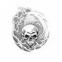 A skull riding a surfboard in a wave tattoo design idea