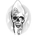 A skull riding a surfboard in a wave tattoo design idea
