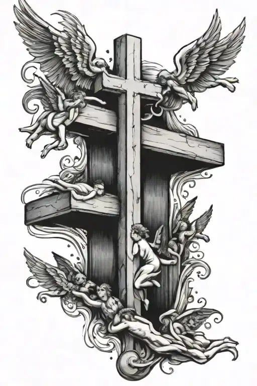 A black-grey tattoo of a swimming pool shaped like a cross with baby angels diving in tattoo design idea