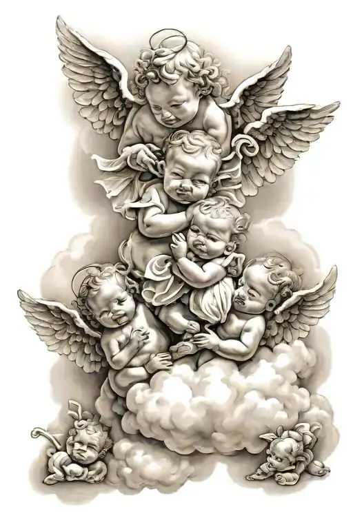 Baby angels with sun beaming through clouds surrounding tattoo design idea