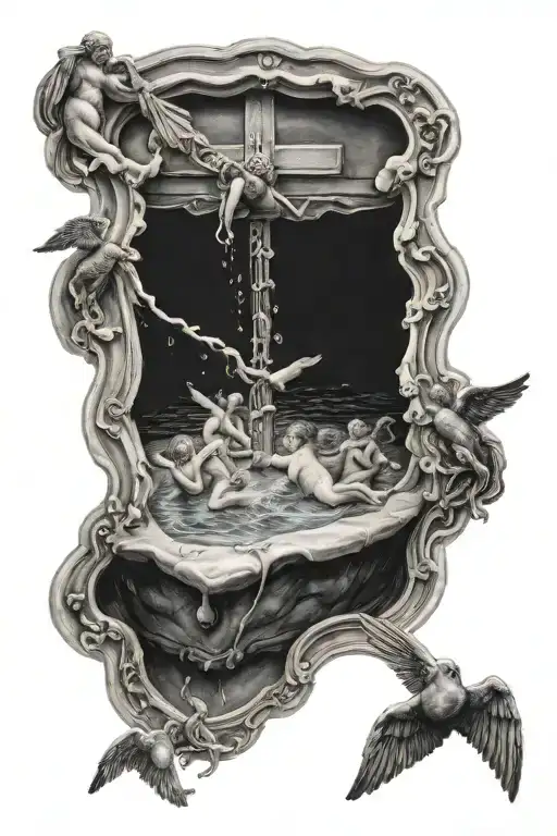 A black-grey tattoo of a swimming pool shaped like a cross with baby angels diving in tattoo design idea