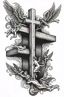 A black-grey tattoo of a swimming pool shaped like a cross with baby angels diving in tattoo design idea