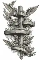 A black-grey tattoo of a swimming pool shaped like a cross with baby angels diving in tattoo design idea