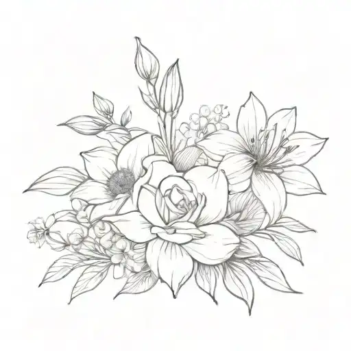 Rose, Lily, Narcissus, Marigold, Aster flower bouquet  tattoo design idea