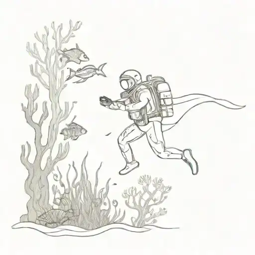 An intricate underwater scene with a diver exploring a coral reef surrounded by various marine creatures tattoo design idea