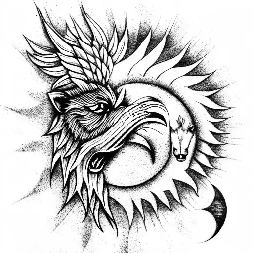 wolf, lion and eagle with sun and moon tattoo design idea