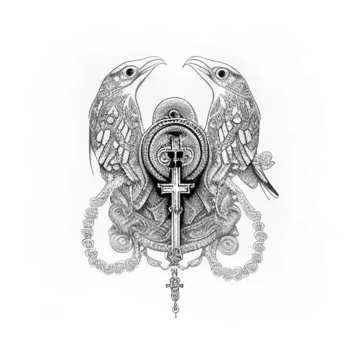An intricate design featuring a hand clasping a rosary with birds perched on each bead tattoo design idea