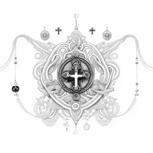 An intricate design featuring a hand clasping a rosary with birds perched on each bead tattoo design idea