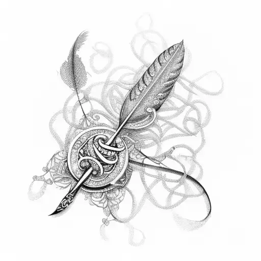 A detailed depiction of a rosary intertwined with delicate bird feathers tattoo design idea
