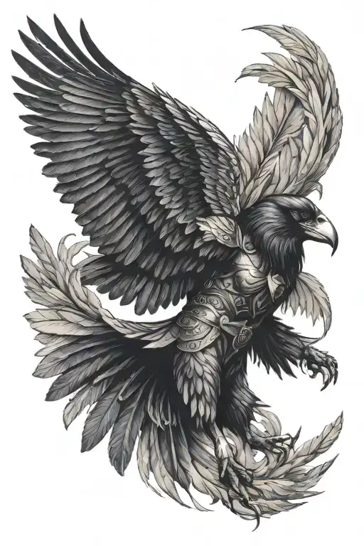 valkyrie warrior woman, raven flying tattoo design idea