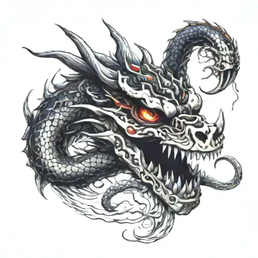 fire breathing dragon wrapped inside snake skull tattoo design idea