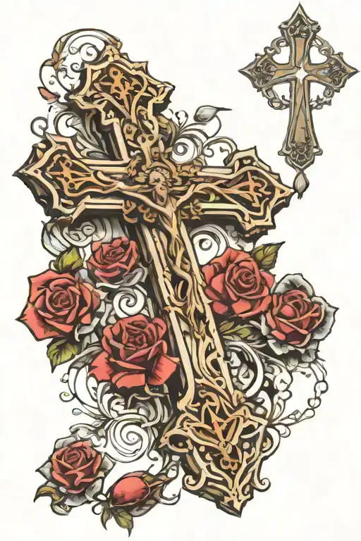 Cross with rosary beads tattoo design idea