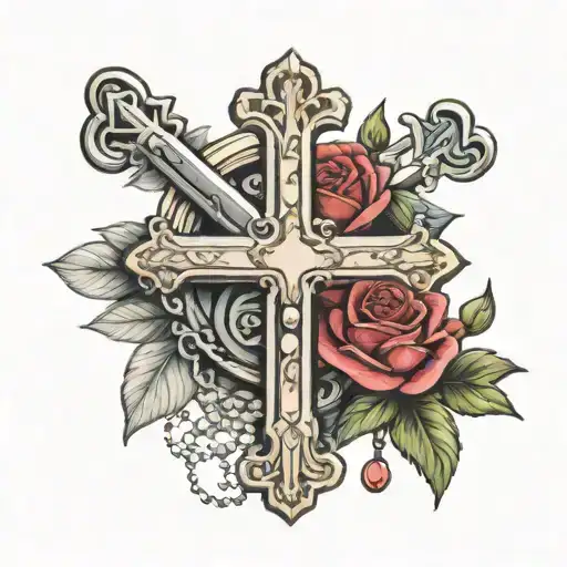Cross with rosary beads tattoo design idea