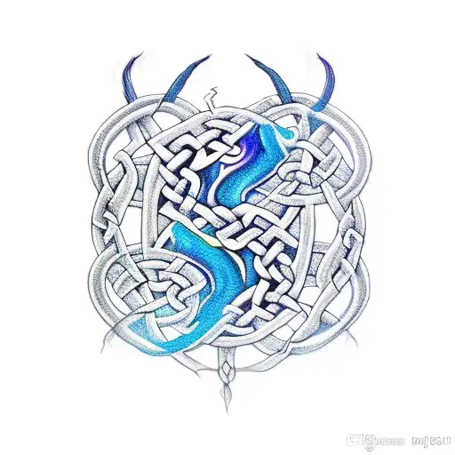half-sleeve powerful dragon, Celtic knotwork smoke, and electric blue accents tattoo design idea