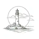 A surreal scene of a lighthouse overlooking a tranquil sea, symbolizing guidance and protection in your life, with a subtle nod to your port police background tattoo design idea