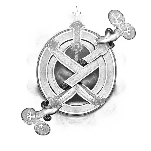 upside down cross with upside down horseshoe and four leaf clover inside of it and 3 snakes wrapping around everything  tattoo design idea